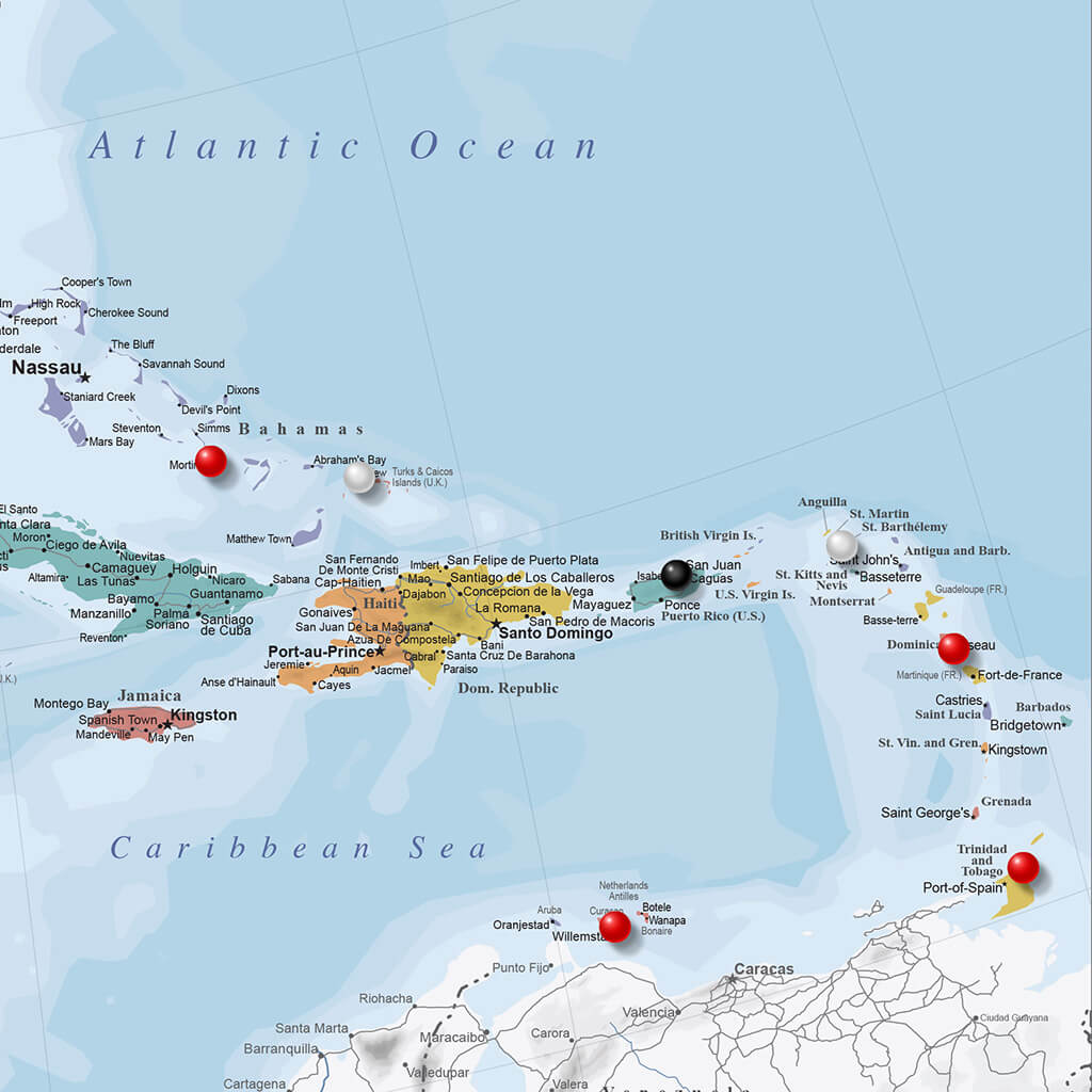 Closeup of Caribbean on Blue Oceans North America Canvas Wall Map