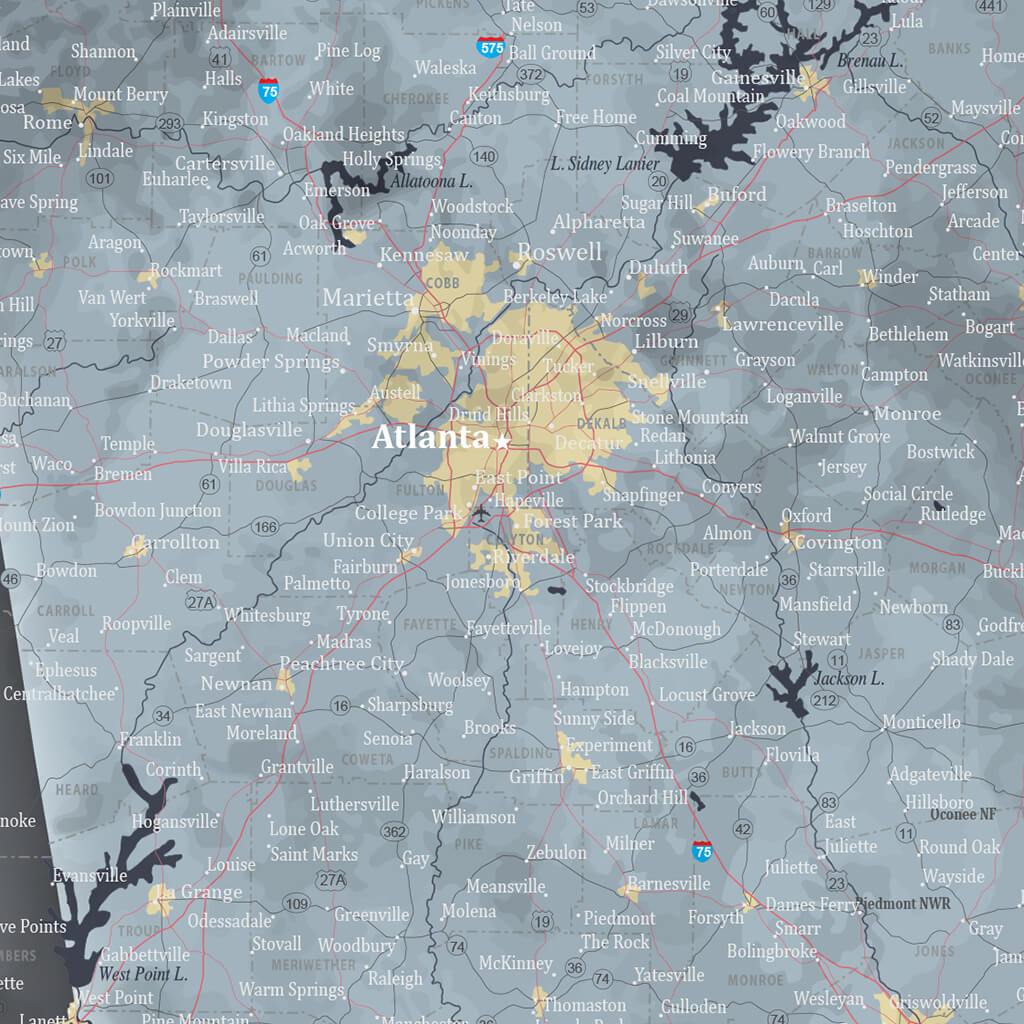 Push Pin Travel Maps Georgia Slate Map Closeup of Atlanta