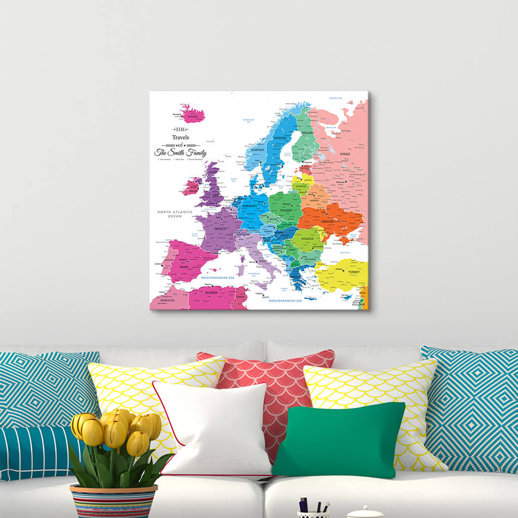 Gallery Wrapped Canvas Colorful Map of Europe