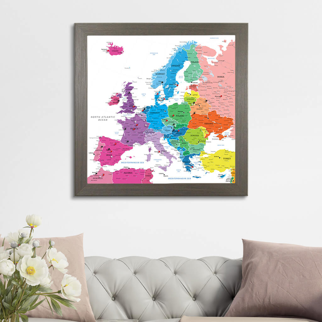 Square Colorful Europe Push Pin Travel Map - Barnwood Gray Frame