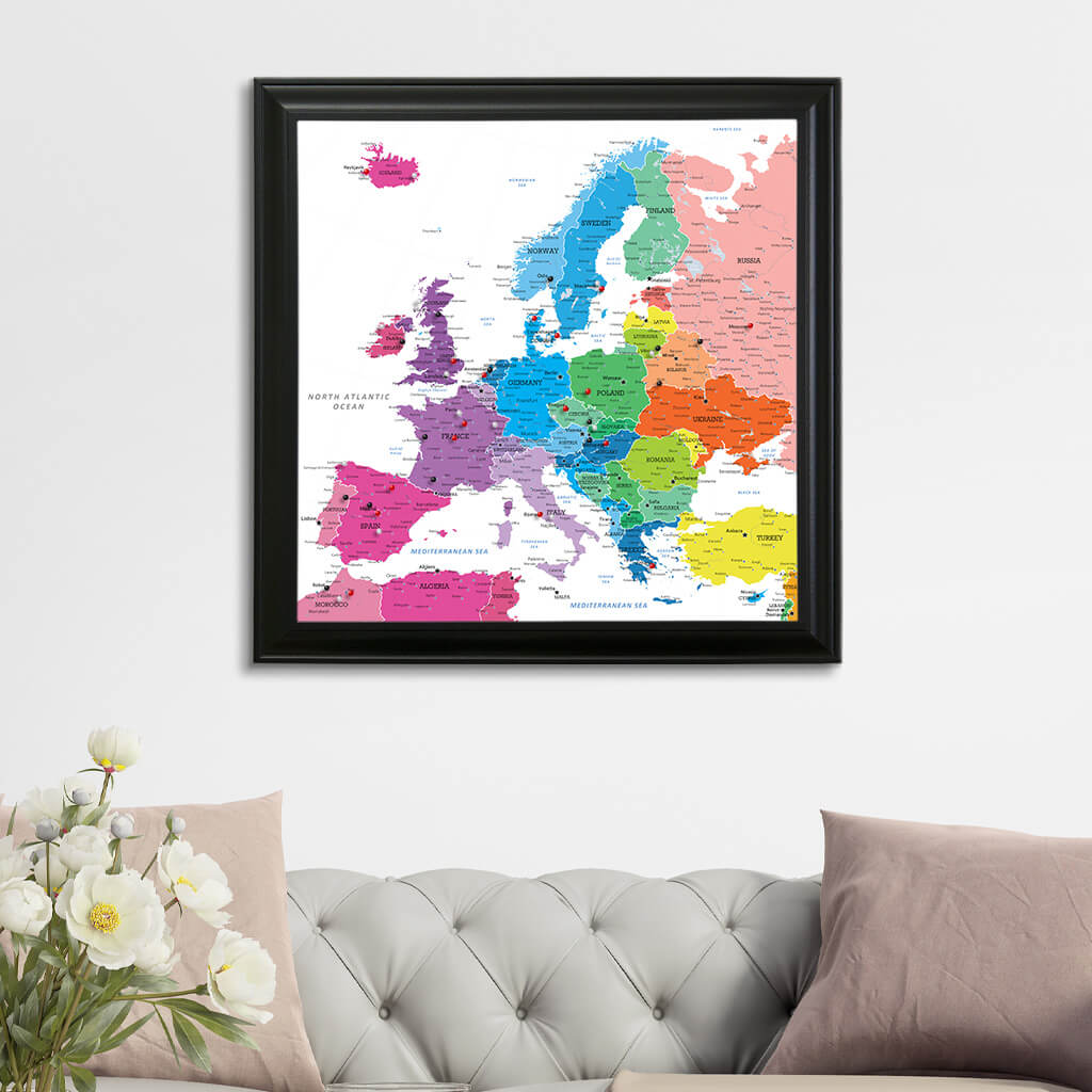 Square Colorful Europe Push Pin Travel Map - Black Frame
