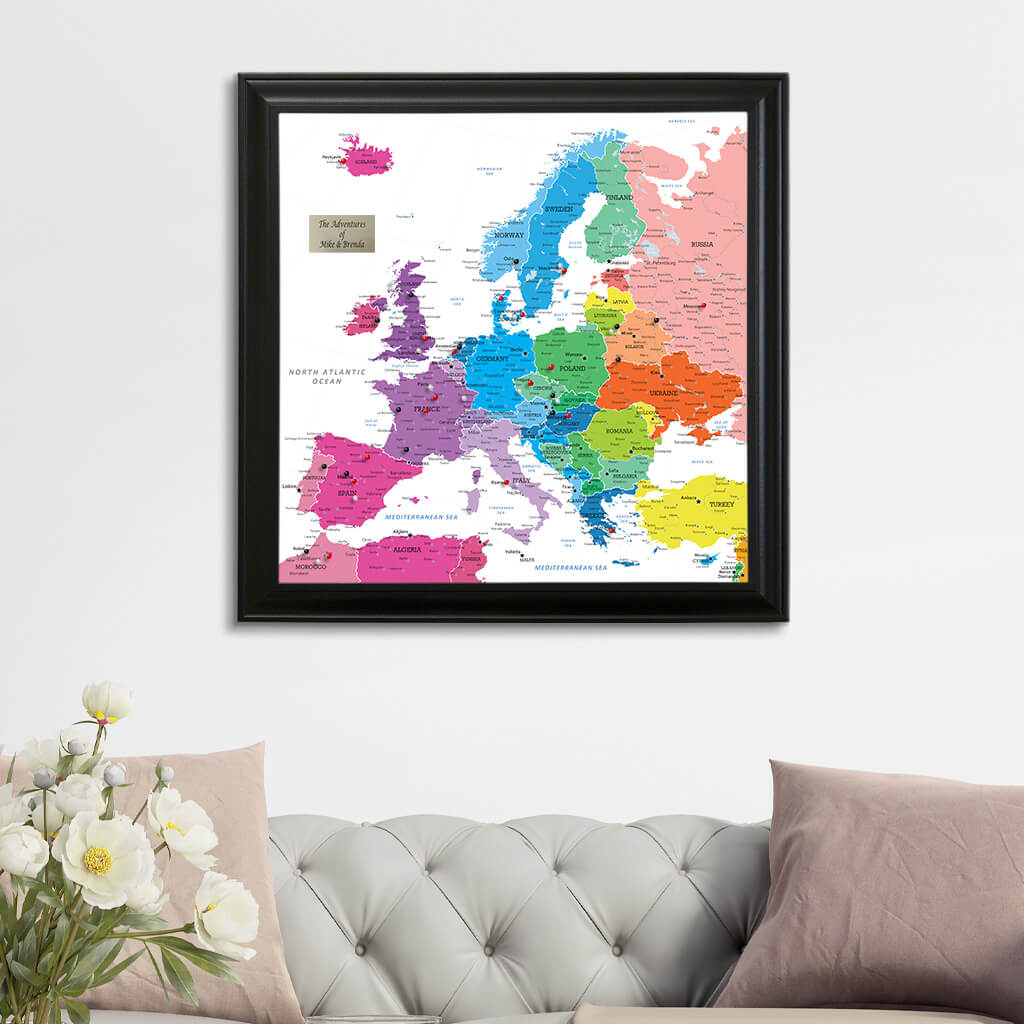24&quot; x 24&quot; Square Colorful Europe Push Pin Travel Map with Pins - Black Frame