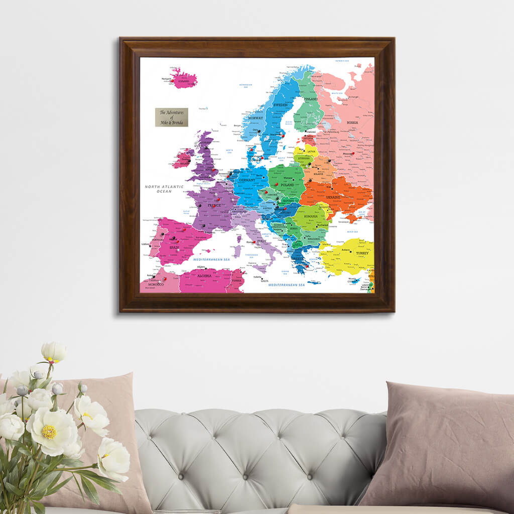 Square Colorful Europe Push Pin Travel Map - Brown Frame