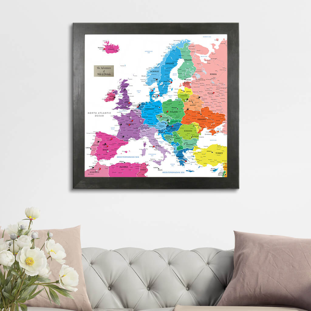 Square Colorful Europe Push Pin Travel Map - Rustic Black Frame