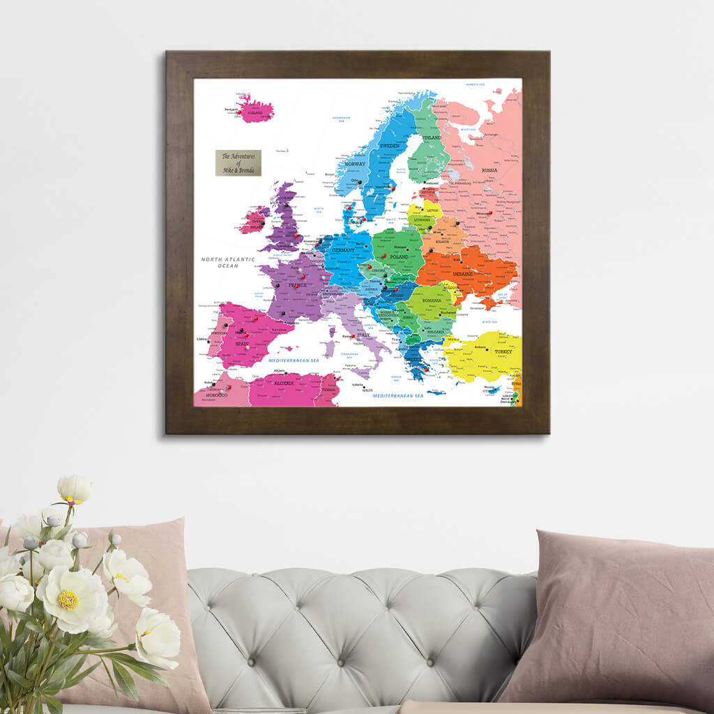 Square Colorful Europe Push Pin Travel Map - Rustic Brown Frame
