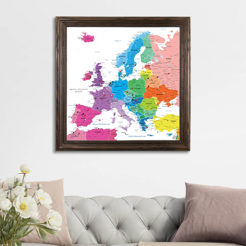 Square Colorful Europe Push Pin Travel Map - Solid Wood Brown Frame