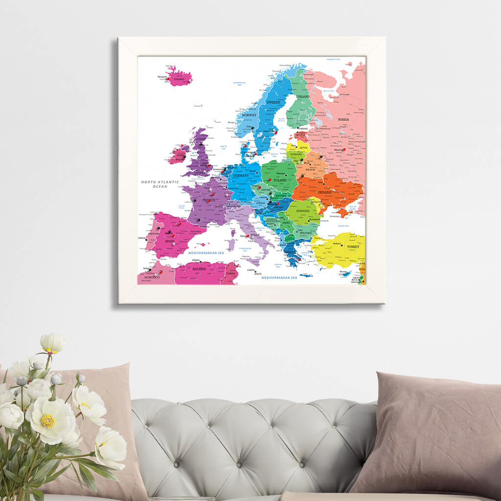 Square Colorful Europe Push Pin Travel Map - Textured White Frame