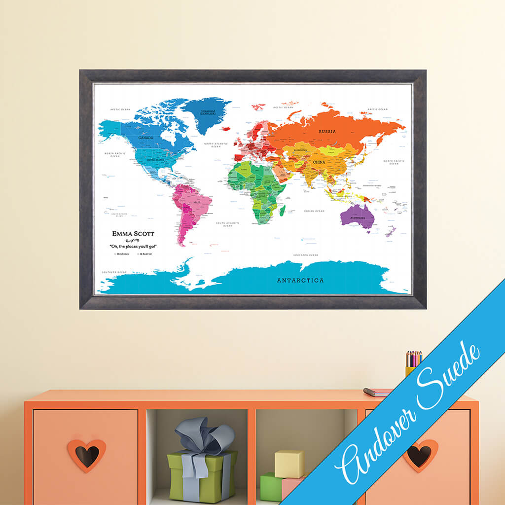 Colorful World Canvas Map in Andover Suede Frame