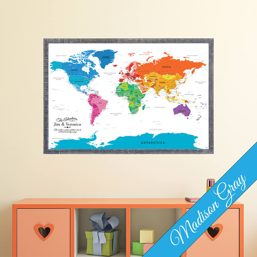 Colorful World Canvas Map in Premium Madison Gray Frame