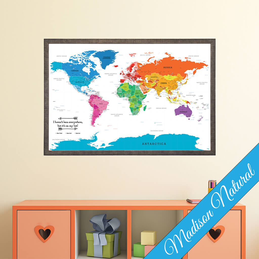 Colorful World Canvas Map in Premium Madison Natural Brown Frame