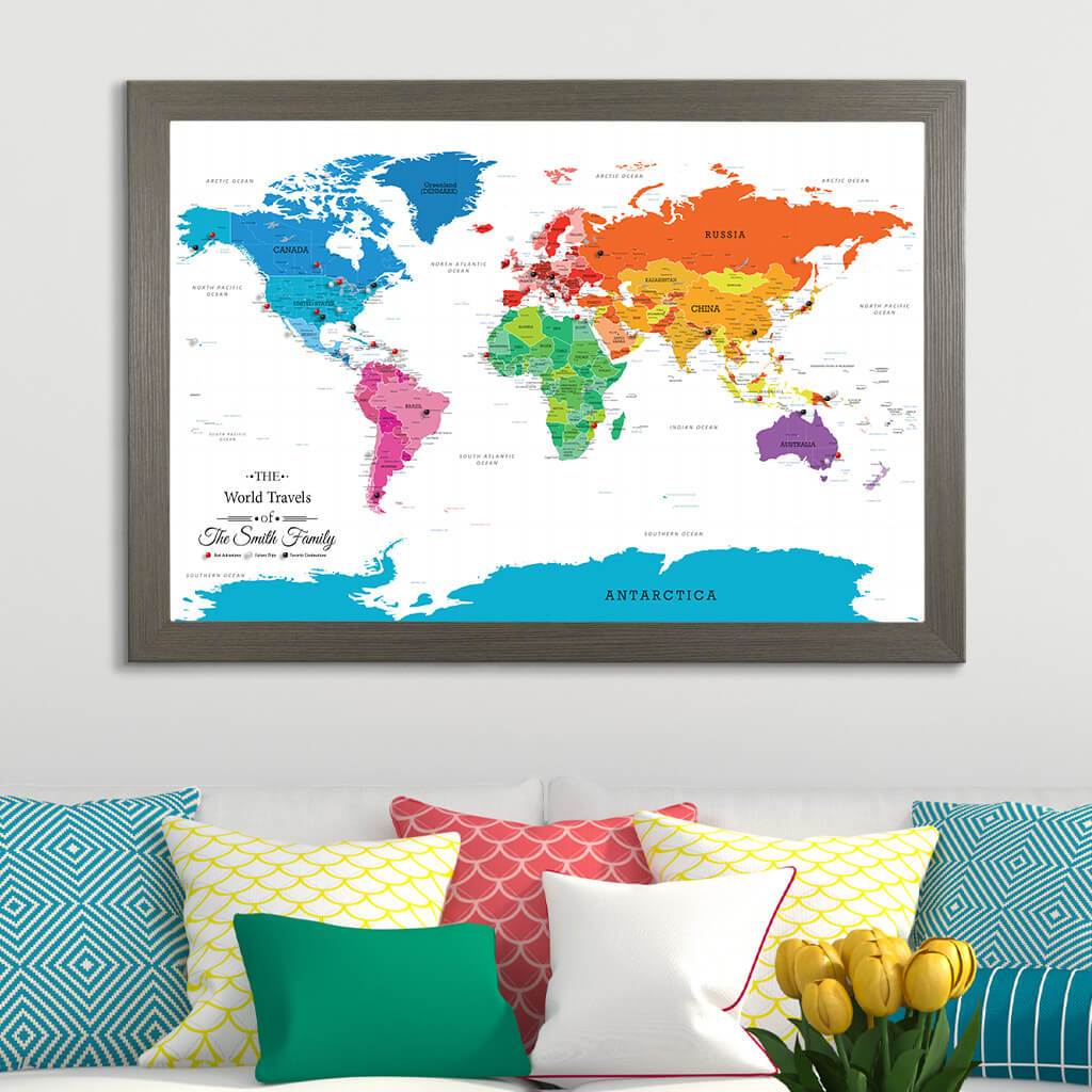 Colorful World Map with Pins on Canvas with Barnwood Gray Frame