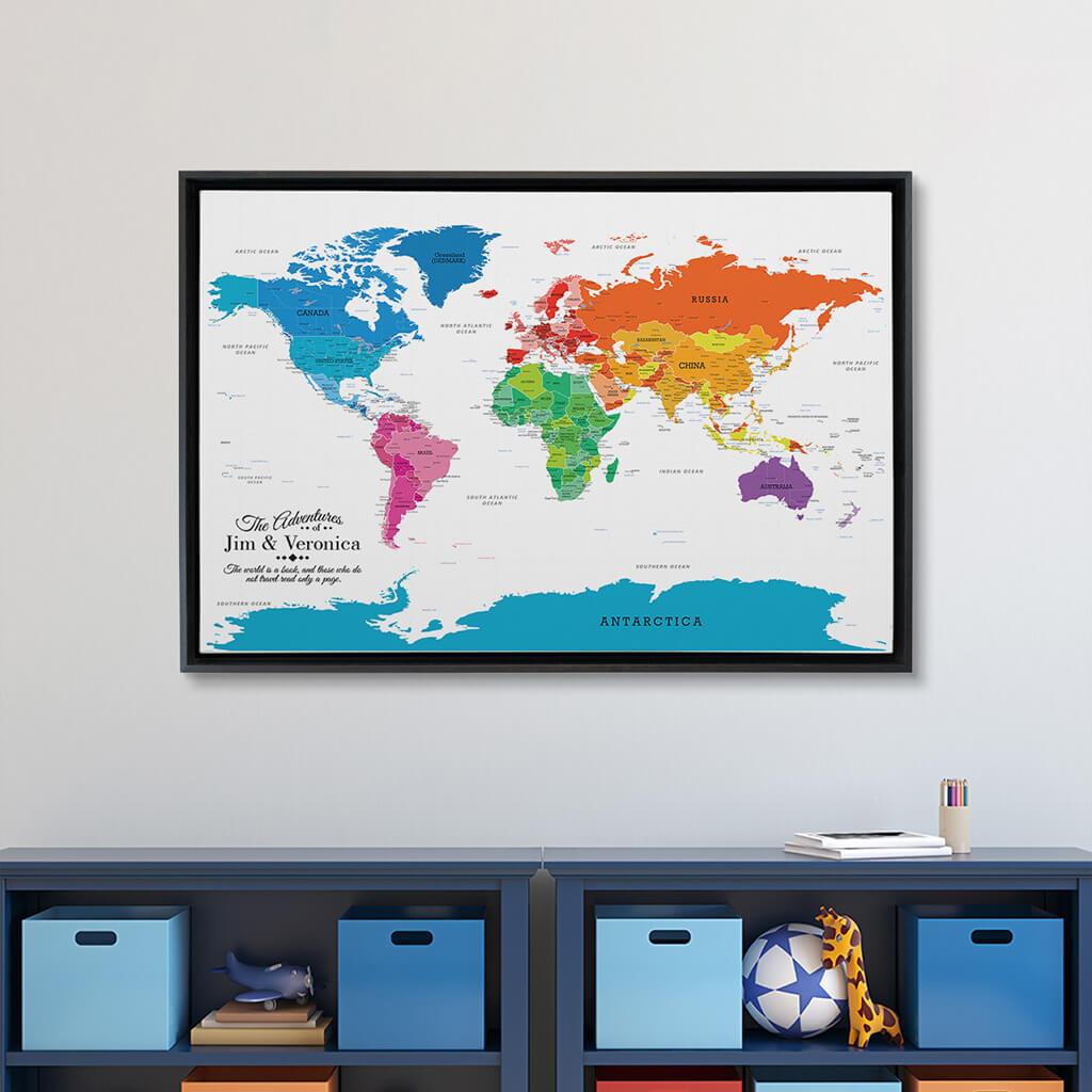 Black Float Frame - 24x36 Gallery Wrapped Colorful World Push Pin Travel Map