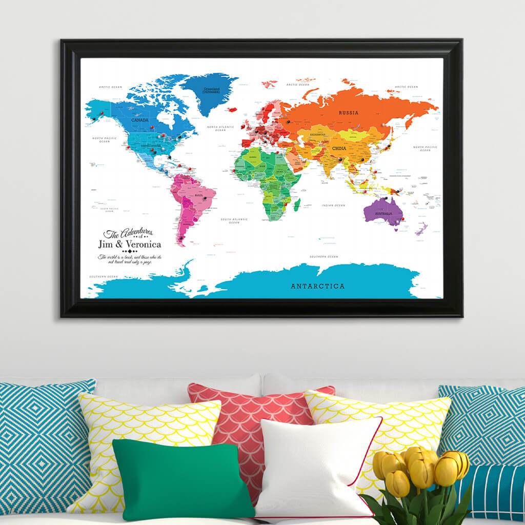 Colorful World Map on Canvas in the Black Frame
