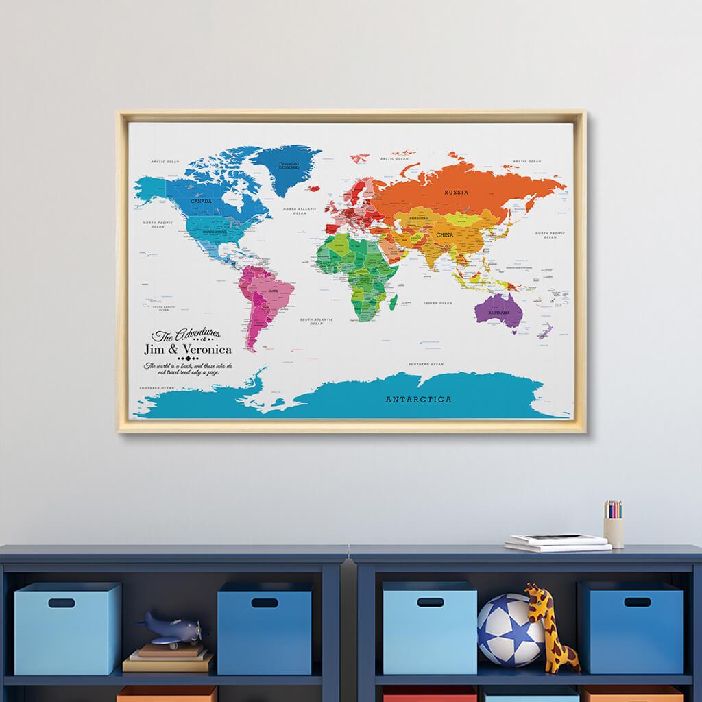 Natural Tan Float Frame - 24x36 Gallery Wrapped Colorful World Push Pin Travel Map