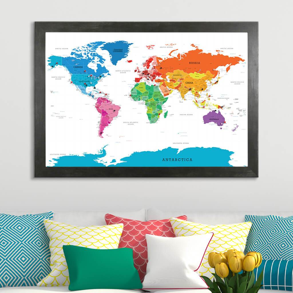 Colorful World Map on Canvas With Rustic Black Frame