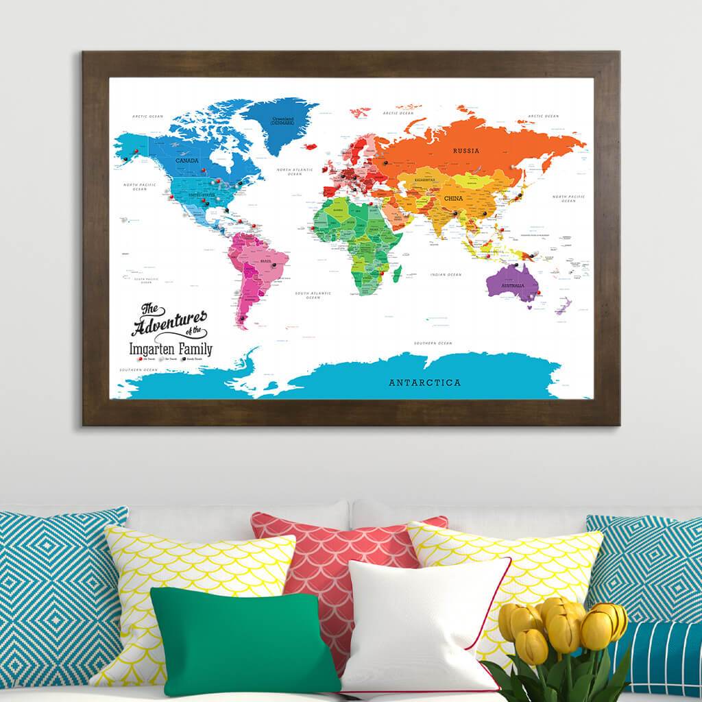 Colorful World Map on Canvas with Rustic Brown Frame