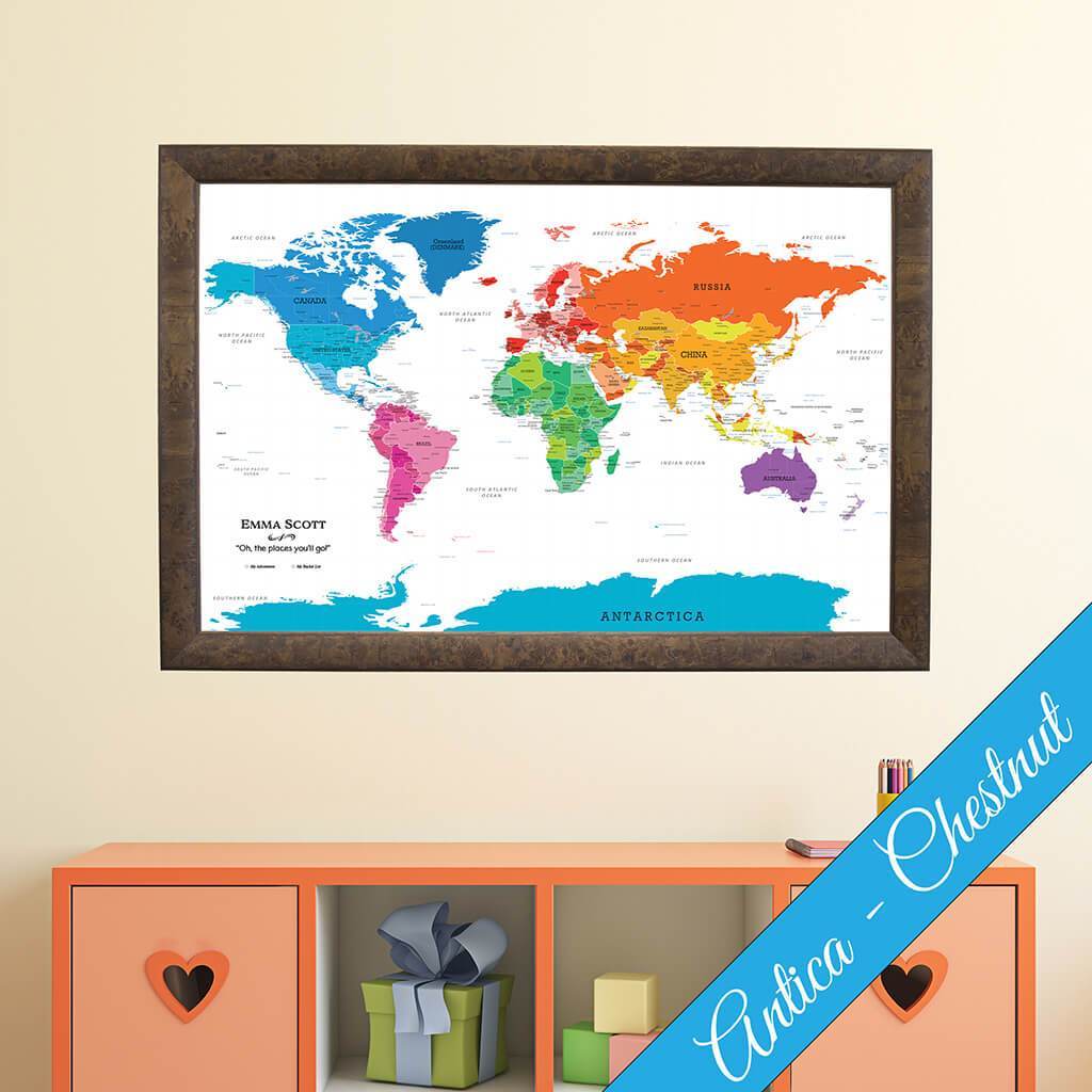 Canvas Colorful World Map in Antica Chestnut Frame