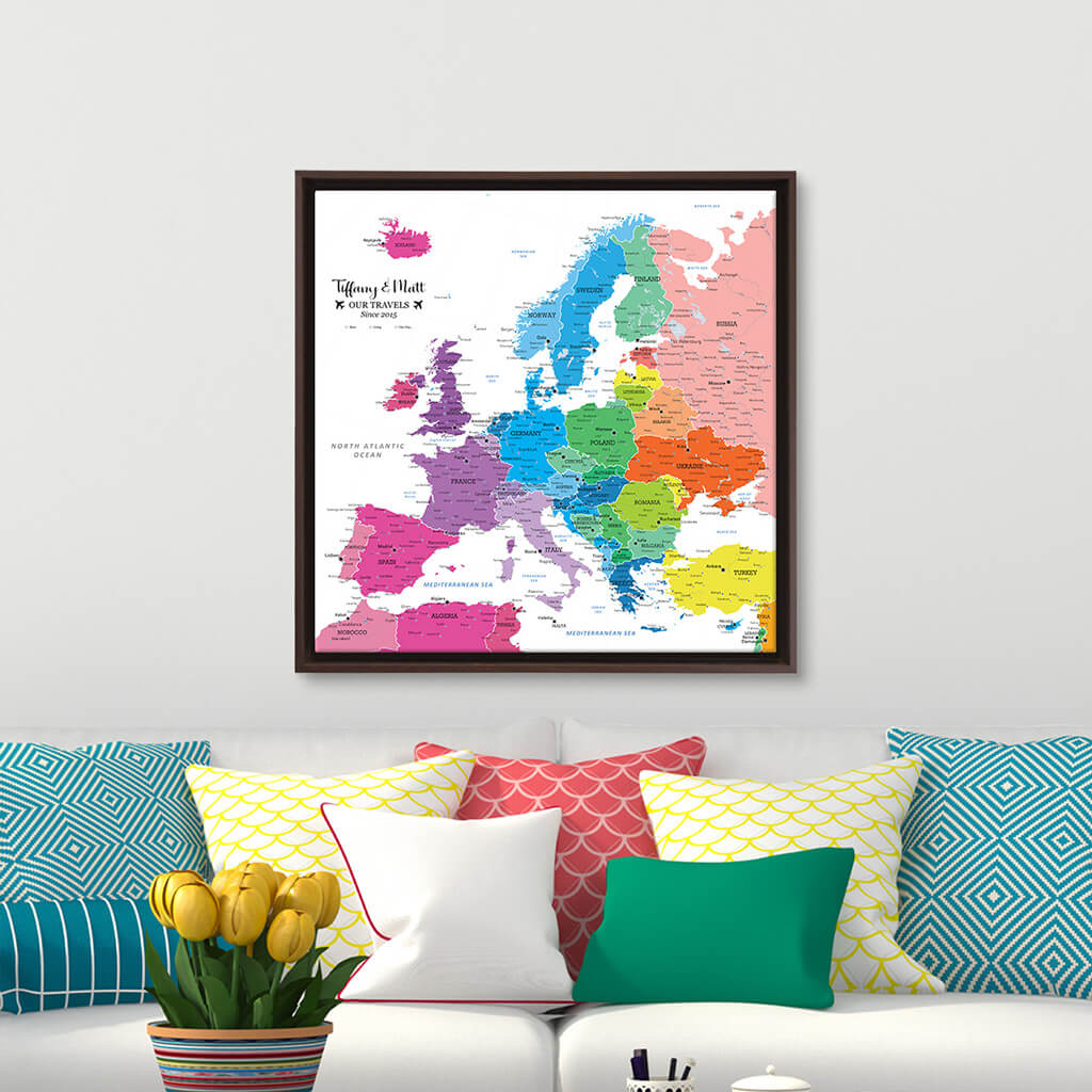 Square Colorful Europe Gallery Wrapped Canvas Map in Optional Brown Float Frame