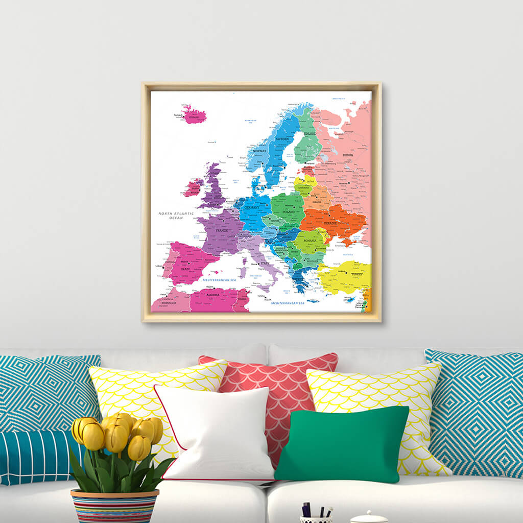Square Colorful Europe Gallery Wrapped Canvas Map in Optional Natural Tan Float Frame