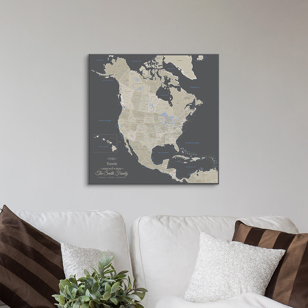 Gallery Wrapped 24"x24" Earth Toned North America Map