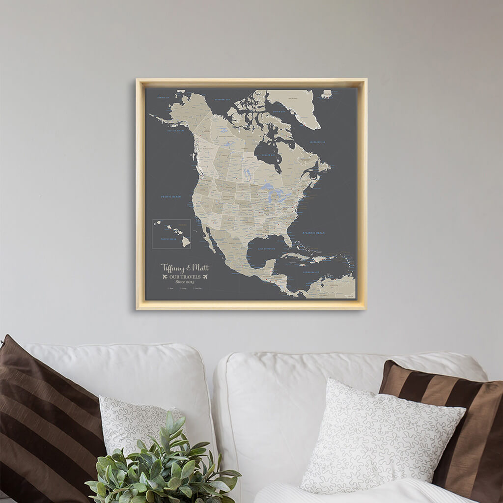 Gallery Wrapped 24"x24" Earth Toned North America Map in Natural Tan Float Frame