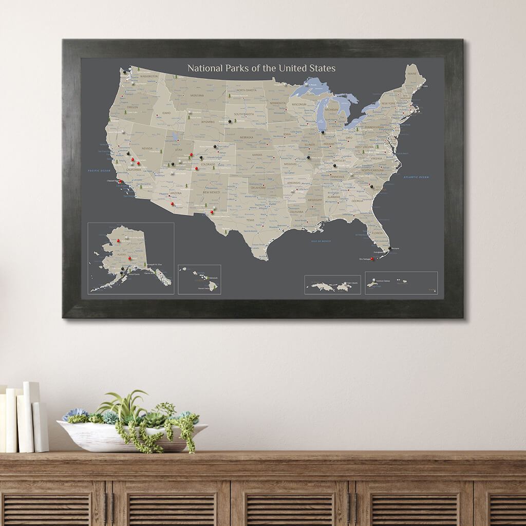 Earth Toned National Parks of the USA Travel Map in Rustic Black Frame