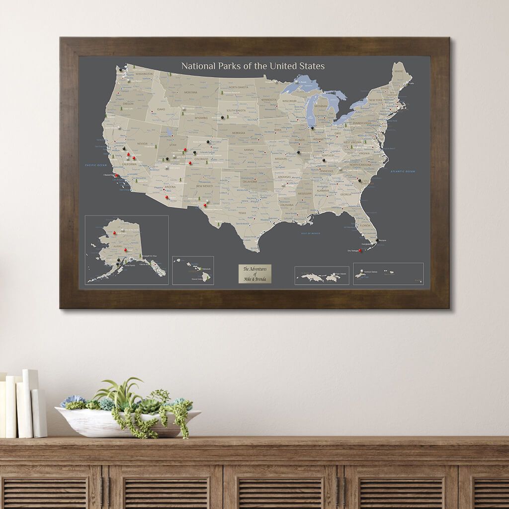 Earth Toned National Parks of the USA Wall Map with Pins