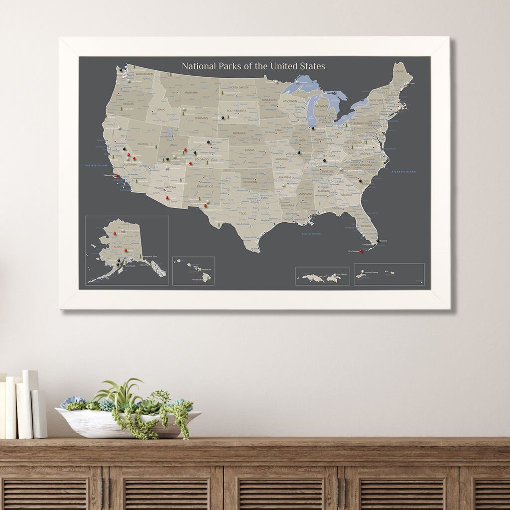 National Parks Map of the USA in Textured White Frame - Earth Toned Color Scheme