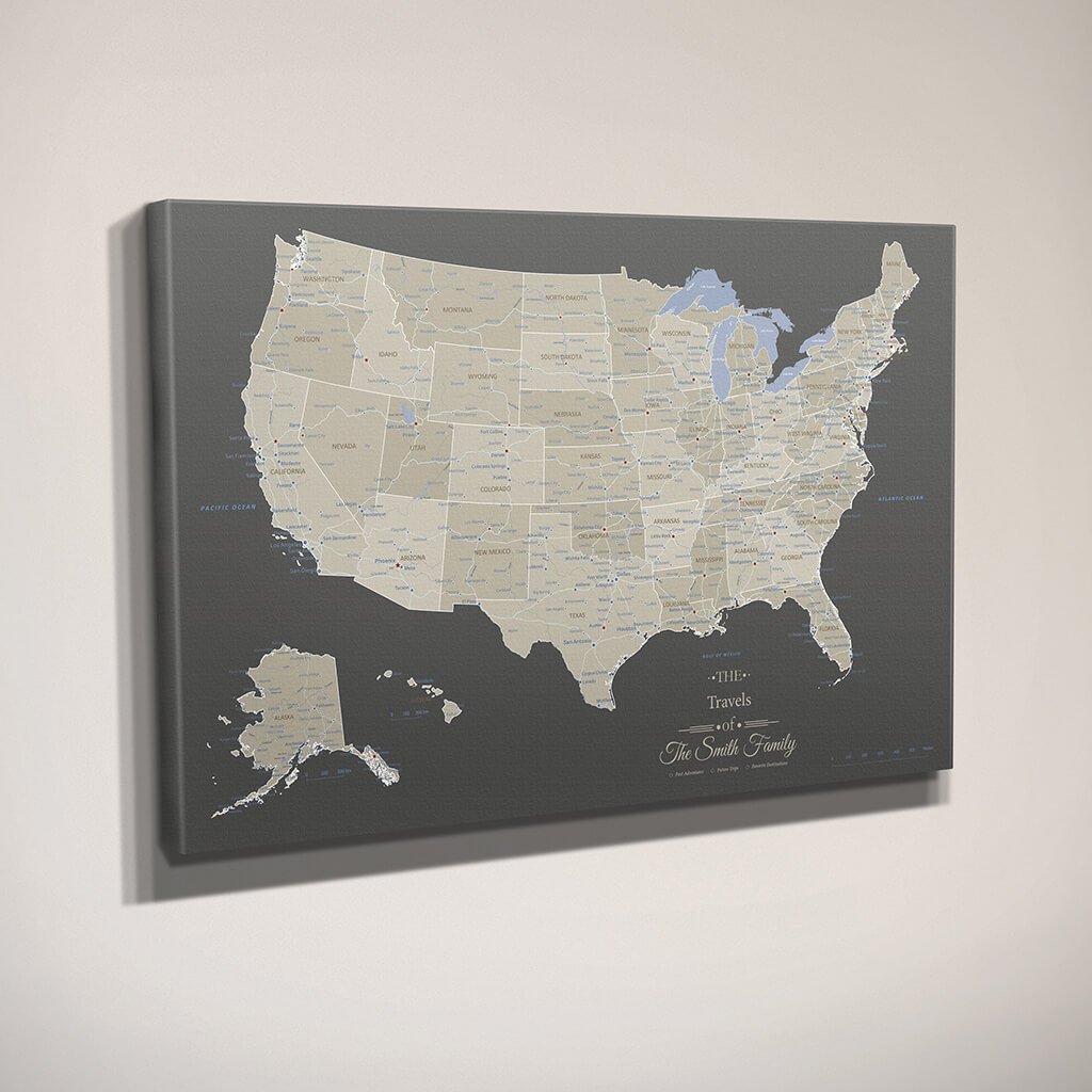 United States Earth-toned Push Pin Travel good Map with Pins and Frame 24X36