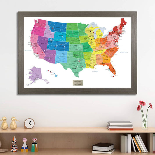 Colorful USA Push Pin Map in Barnwood Gray Frame