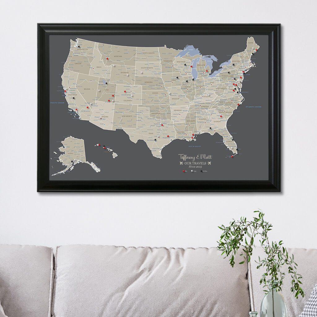 Earth Toned Canvas United States Map | Framed US Map with Push Pins ...