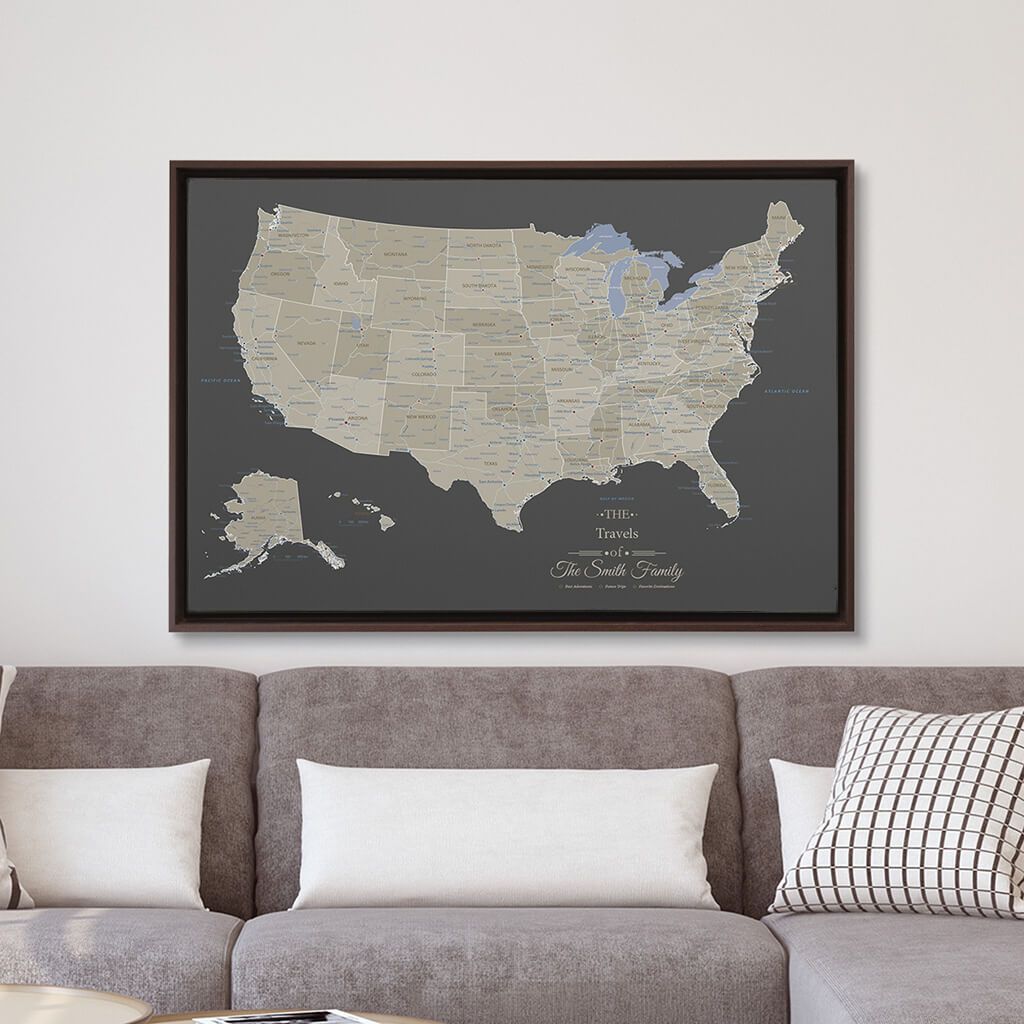 Brown Float Frame  24x36 Gallery Wrapped Earth Toned USA Map