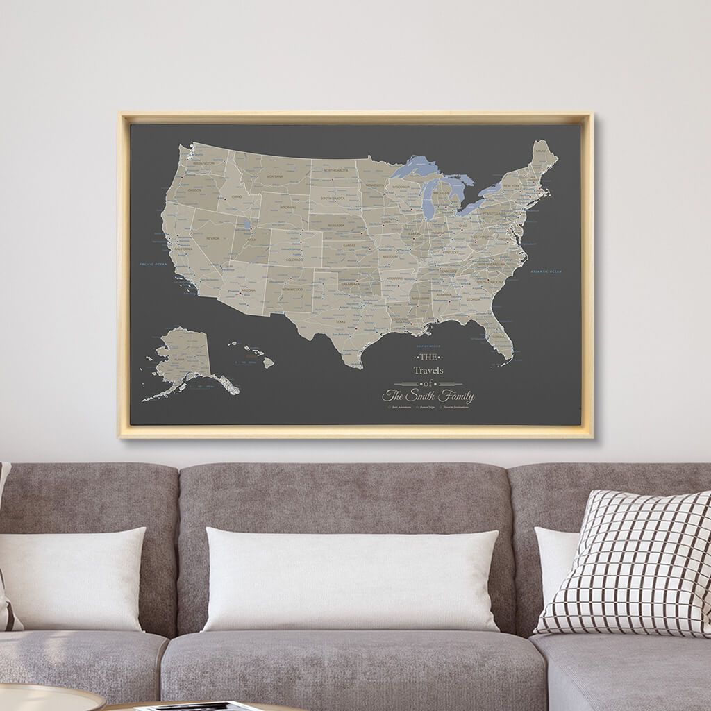 Natural Tan Float Frame -24x36 Gallery Wrapped Earth Toned USA Map