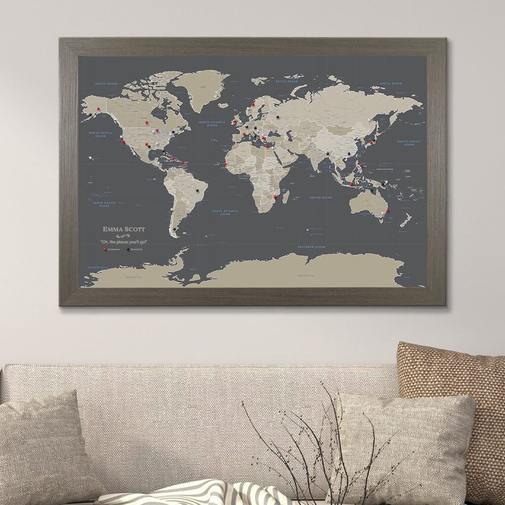 Canvas Earth Toned World Map with Pins Barnwood Gray Frame