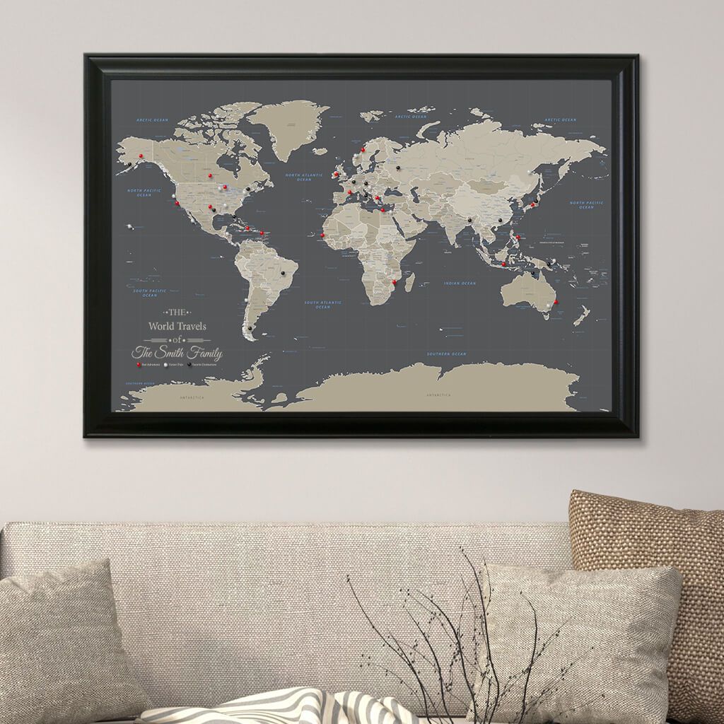 Canvas World Map Earth Toned Color Scheme Black Frame