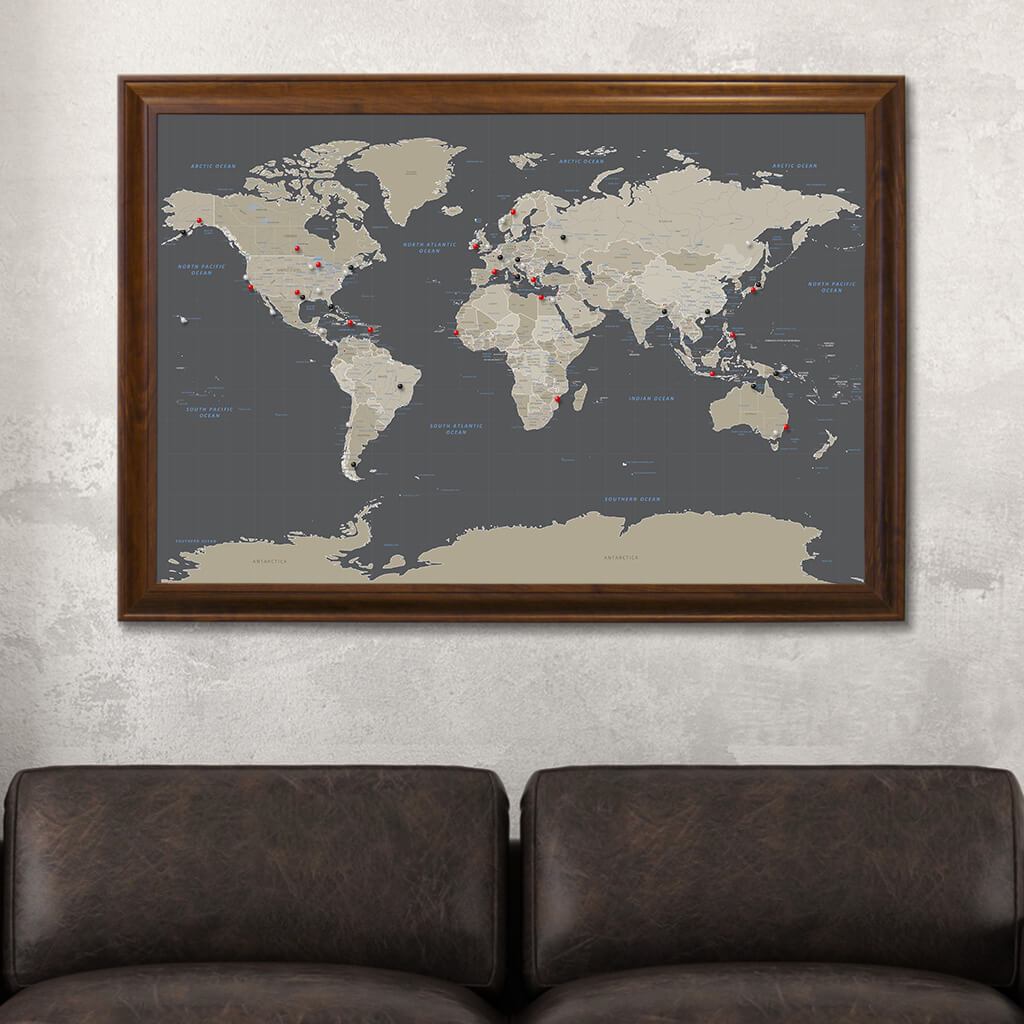 Earth Toned World Travel Map in Brown Frame