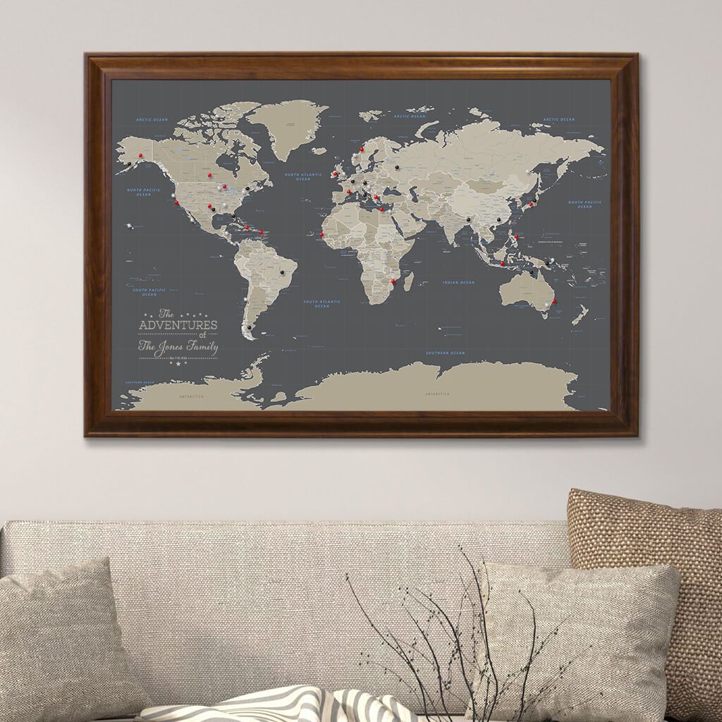 Push Pin Canvas Map with Pins Earth Toned World in Brown Frame