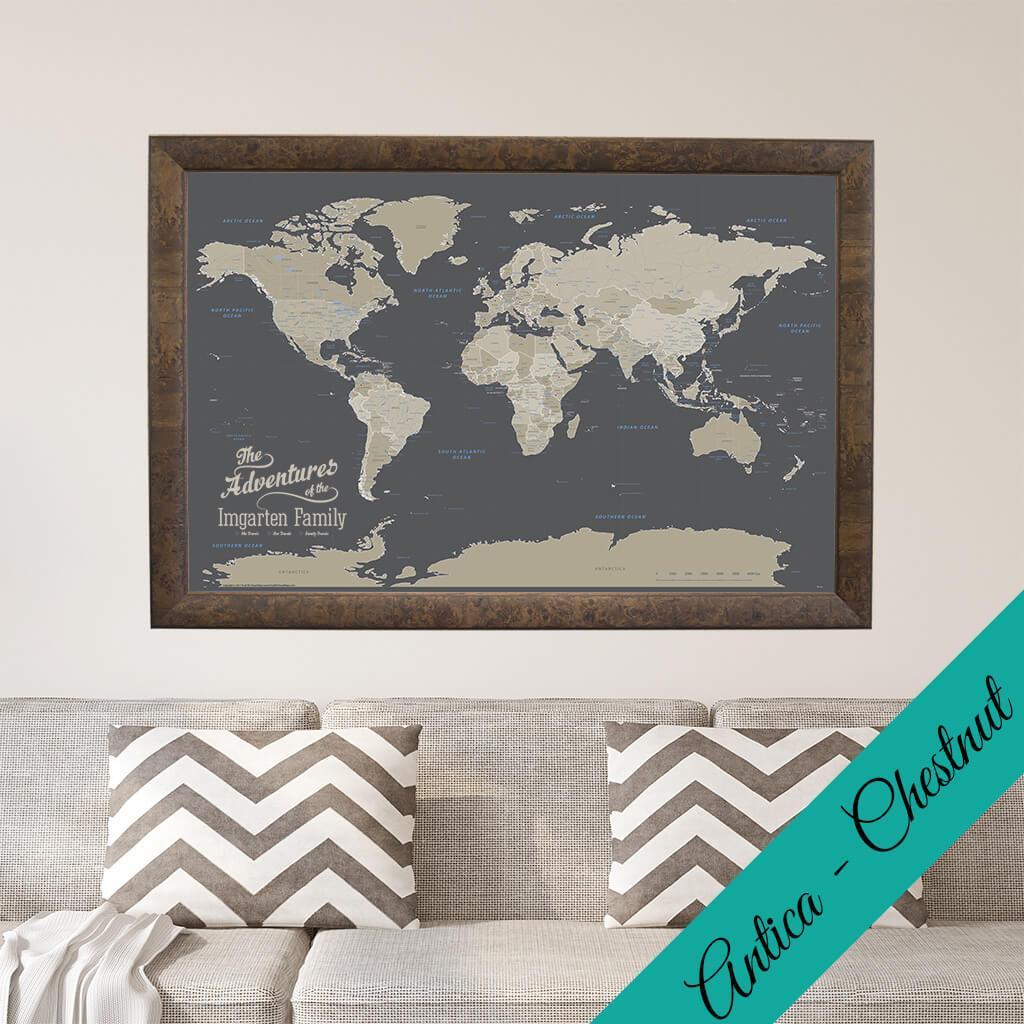 Canvas Earth Toned World Map in Premium Antica Chestnut Frame