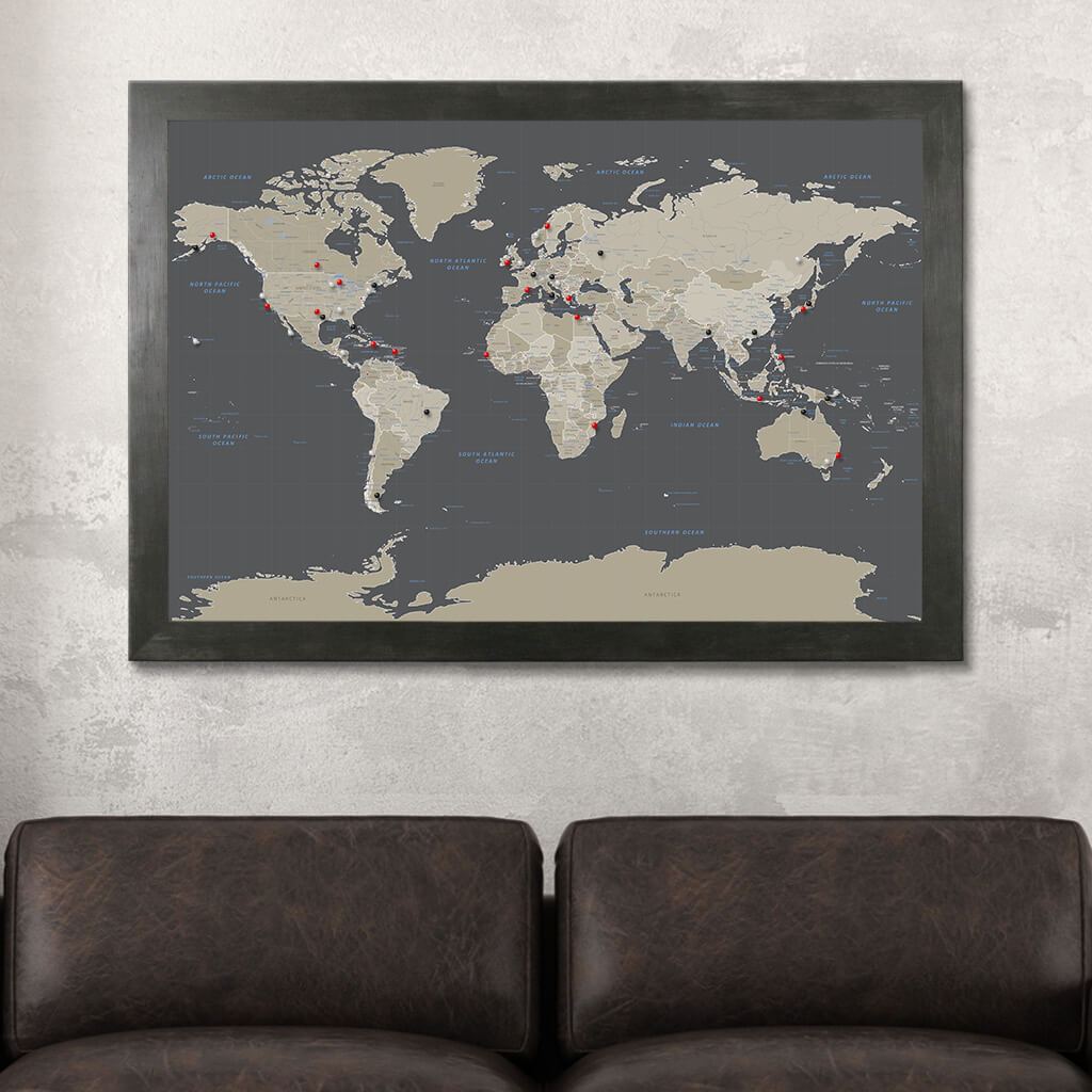 Earth Toned World Travel Map in Rustic Black Frame