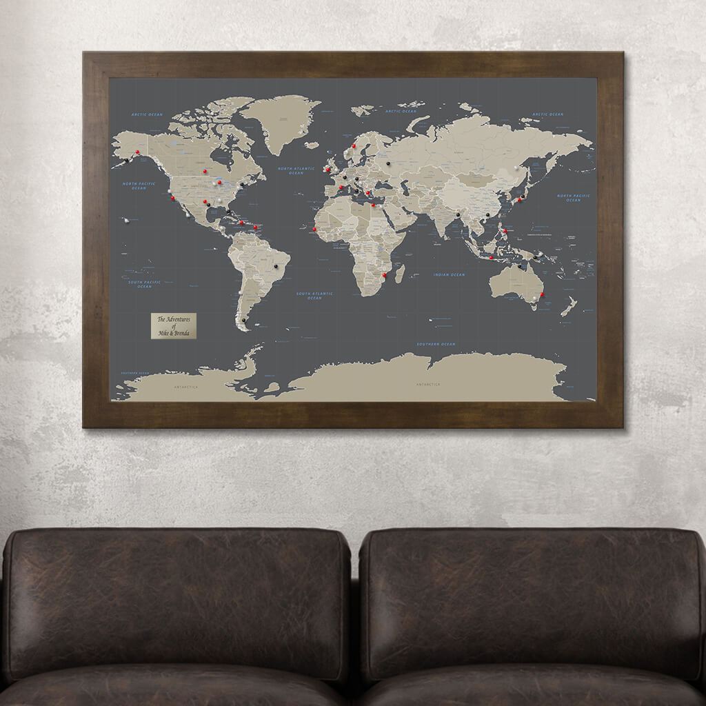 Earth Toned World Travel Map - Framed Map with Pins
