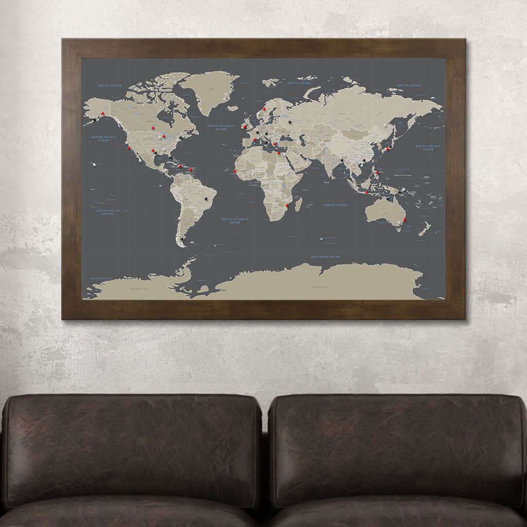 Earth Toned World Travel Map in Rustic Brown Frame