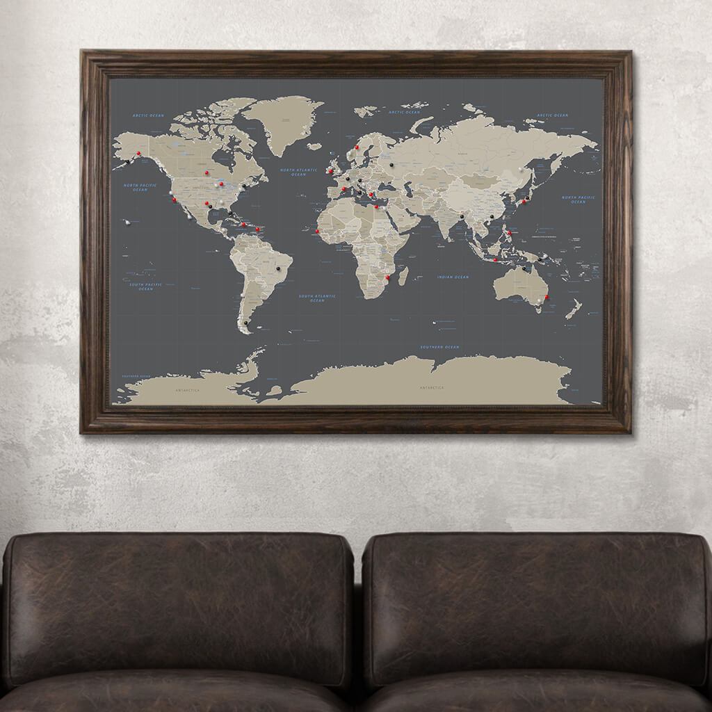 Earth Toned World Travel Map in Solid Wood Brown Frame