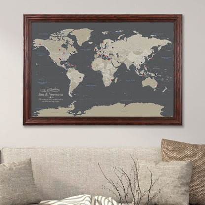 Push Pin Canvas Map with Pins Earth Toned World in Solid Wood Cherry Frame