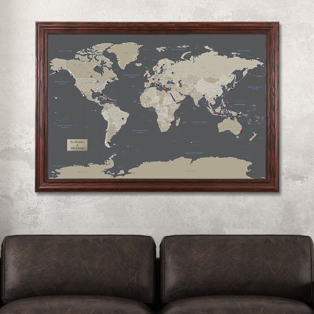 Earth Toned World Travel Map in Solid Wood Cherry Frame