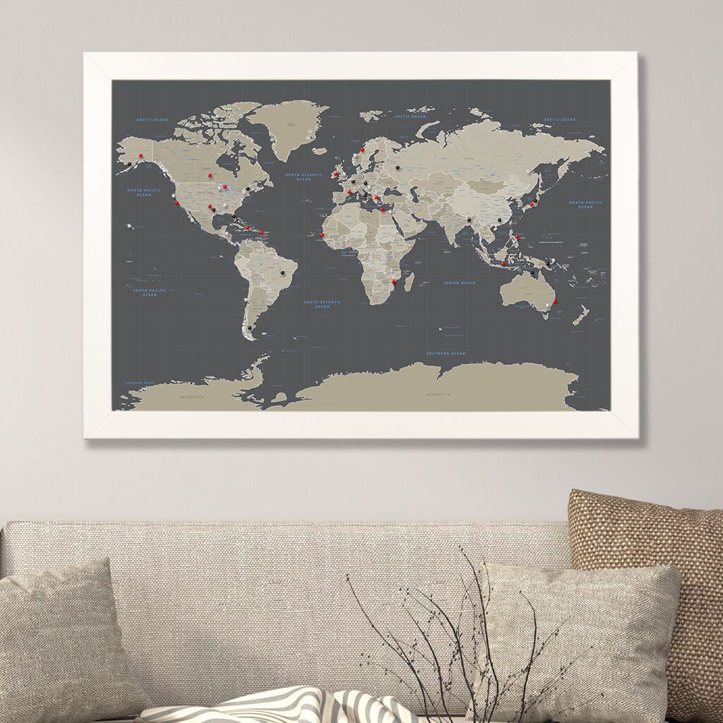 Earth Toned World map on Canvas with Textured White Frame