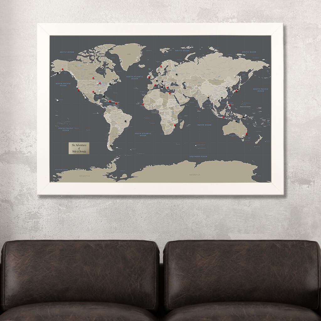 Earth Toned World Travel Map in Textured White Frame