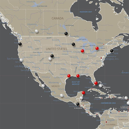 Closeup of USA on Earth Toned World Map with Pins