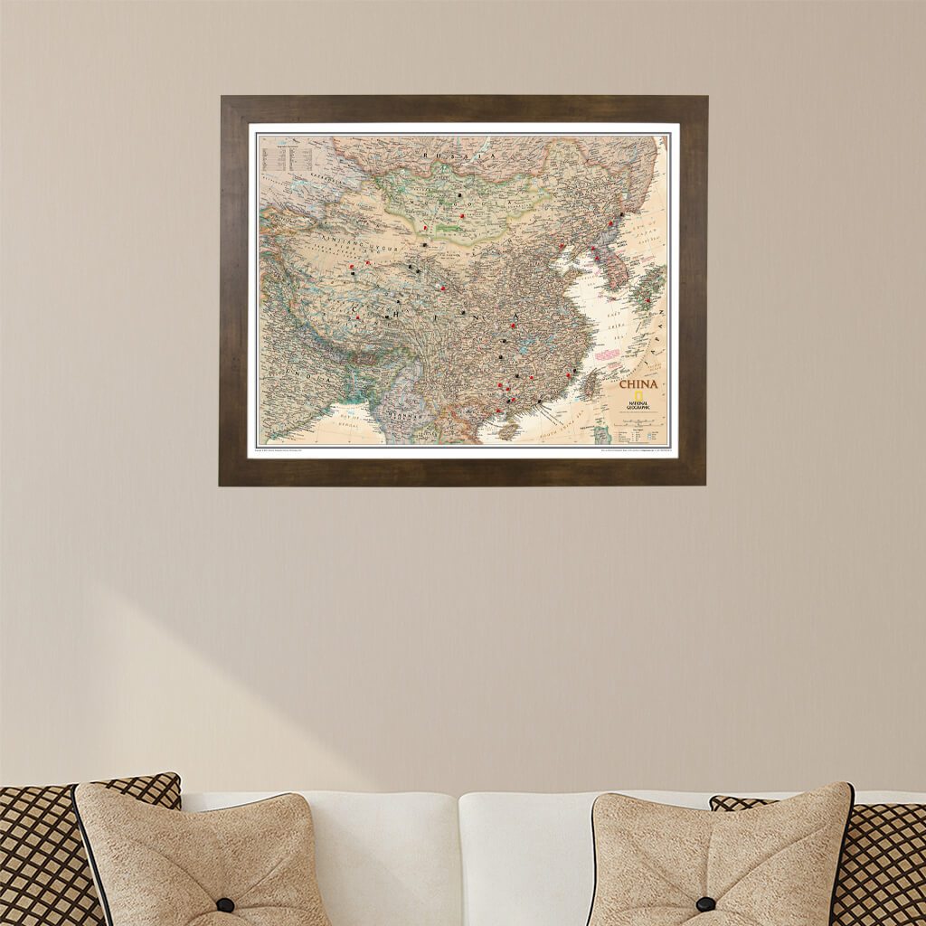 Executive China Push Pin Travel Map in Rustic Brown Frame
