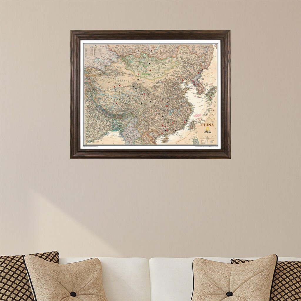 Executive China Push Pin Travel Map in Solid Wood Brown Frame
