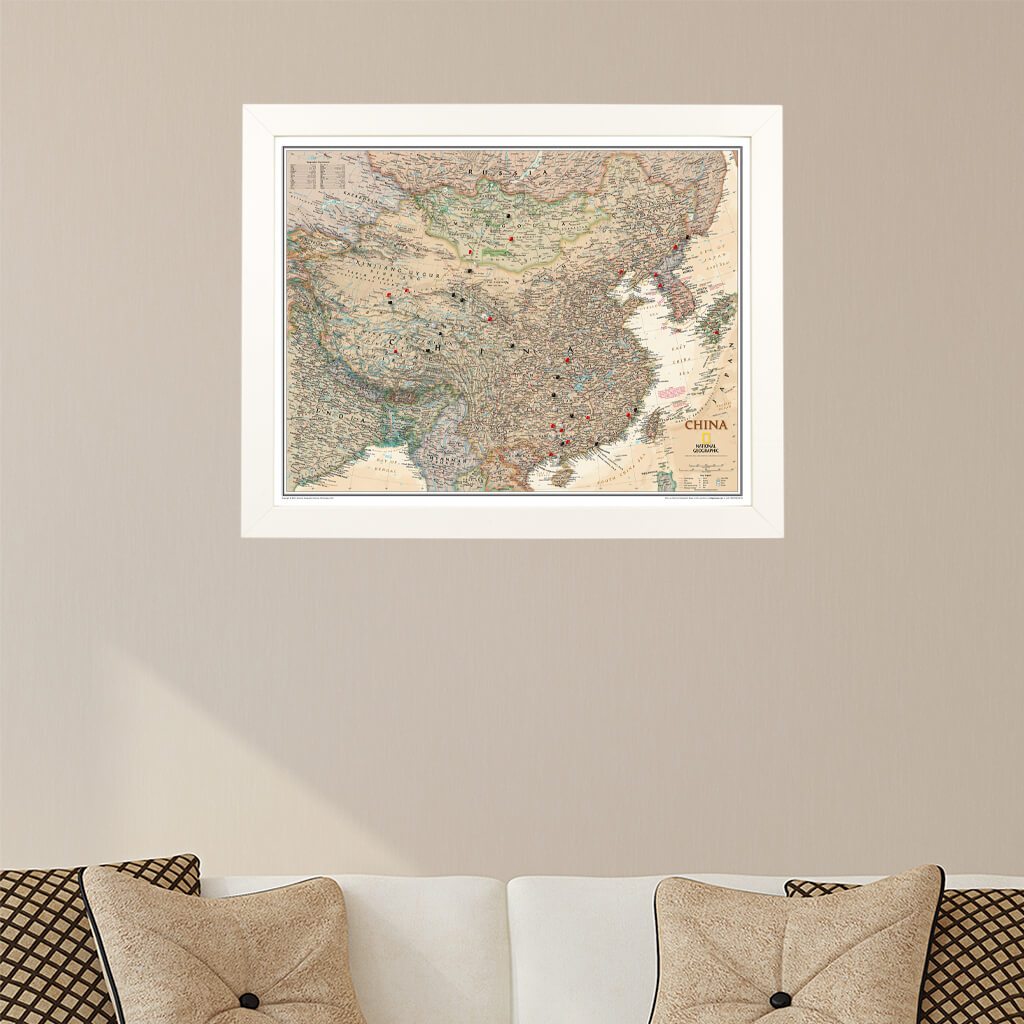Executive China Push Pin Travel Map in Textured White Frame
